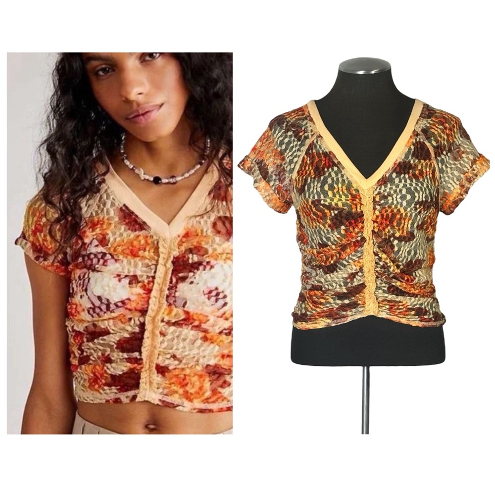 Free People – Solana Floral Lace Ruched Crop Top - Small
